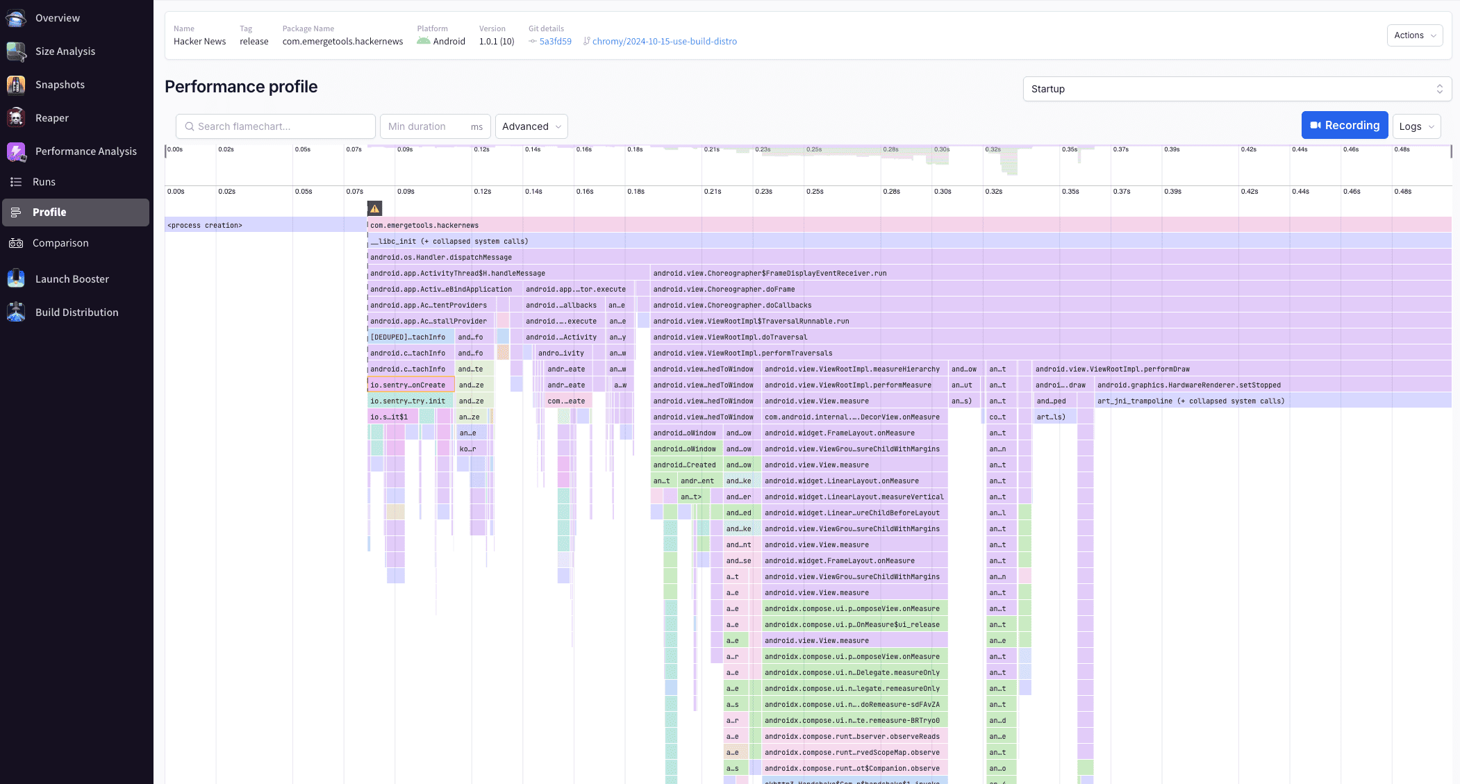 Screenshot of Android Performance Profile