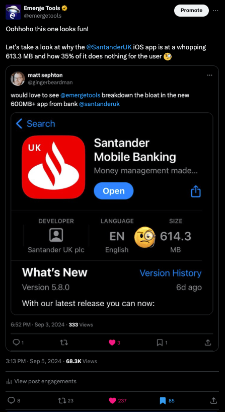 Screenshot of Emerge Tools tweet about the SantanderUK iOS app